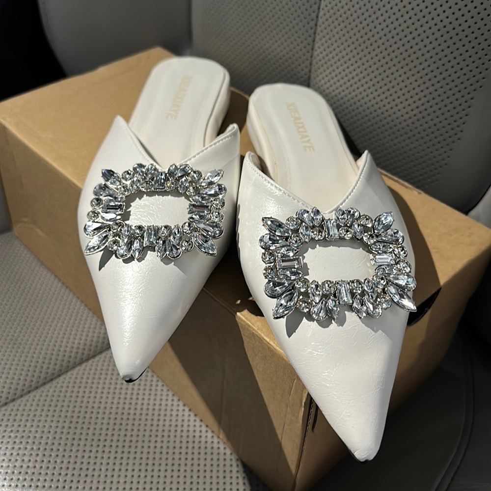 Womens Pointed Toe Mules Sandal Rhinestone Slip-On Low Heeled Backless Slides